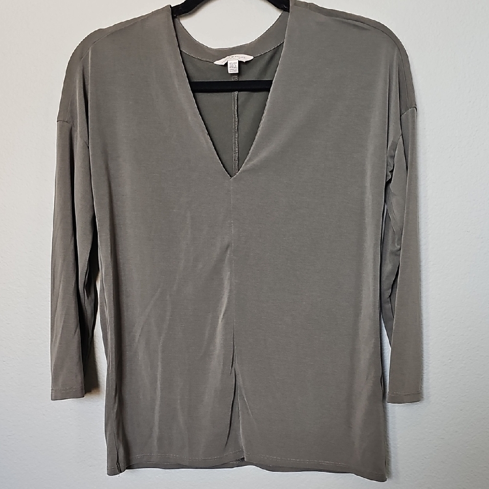 Lucky Brand Olive Green Brushed Cotton Soft V-Neck 3/4 Sleeve Blouse XS